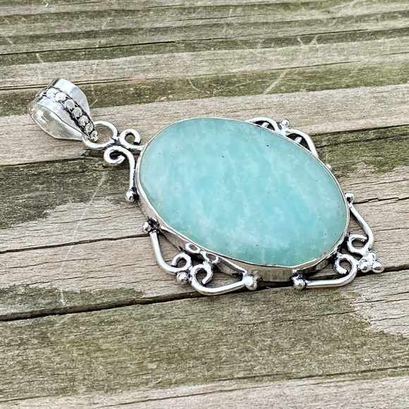 Large Genuine Amazonite pendant .925 Sterling Silver large natural Amazonite - Picture 3 of 9